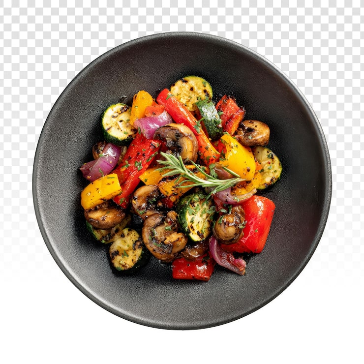 Bol en fonte de légumes rôtis au romarin : courgettes, poivrons, champignons, oignon rouge