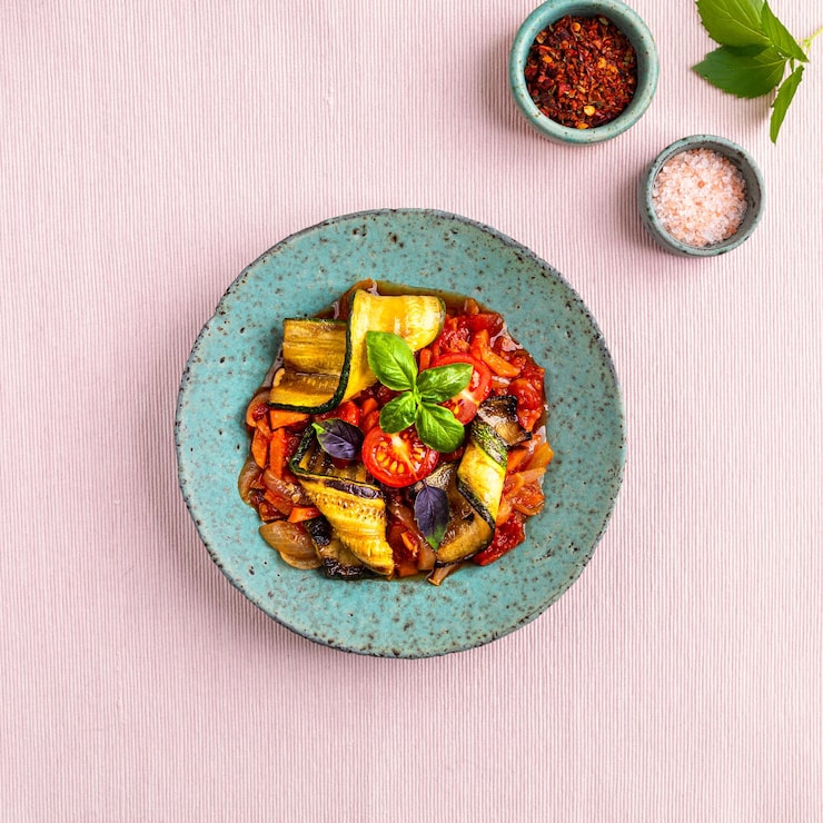 Roulés de courgettes grillées sur sauce tomate mijotée, assiette céramique turquoise