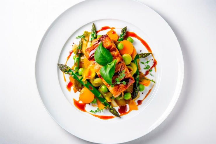 Pavé de saumon glacé sur printanière de légumes, assiette blanche